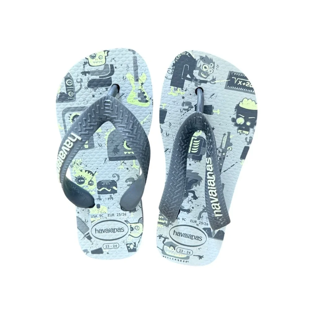 Havaianas Kids Monster Rock Graphic Flip Flops Grey Neon Green USA 9C EUR 25/26